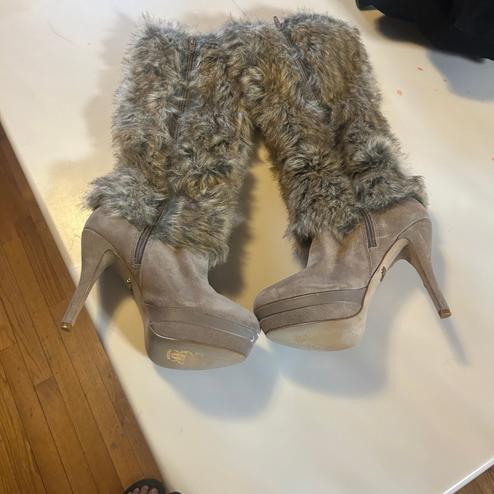 Fergie Tan Fur-Trimmed Heeled Boots